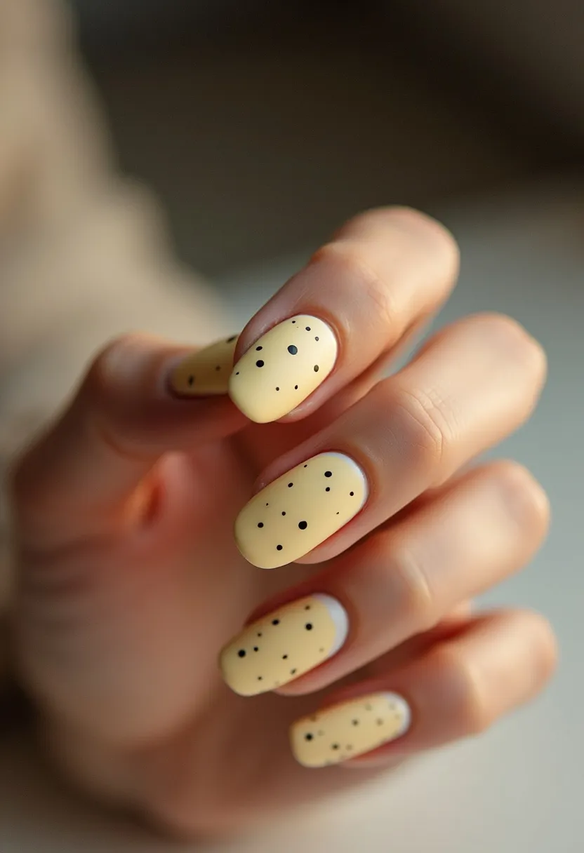 The nail design features a rounded shape with a soft yellow color palette as the base, providing a fresh and lively appearance. Each nail is adorned with small black dots randomly scattered across, evoking a playful yet elegant look. This design likely involves a gel nail treatment, ensuring a glossy and long-lasting finish. The polka dot pattern introduces a whimsical element that could be suitable for spring or summer seasons, adding a cheerful vibe suitable for light-hearted occasions. The simplicity of the dots contrasts beautifully with the solid background, making the nails stand out without being overly intricate.