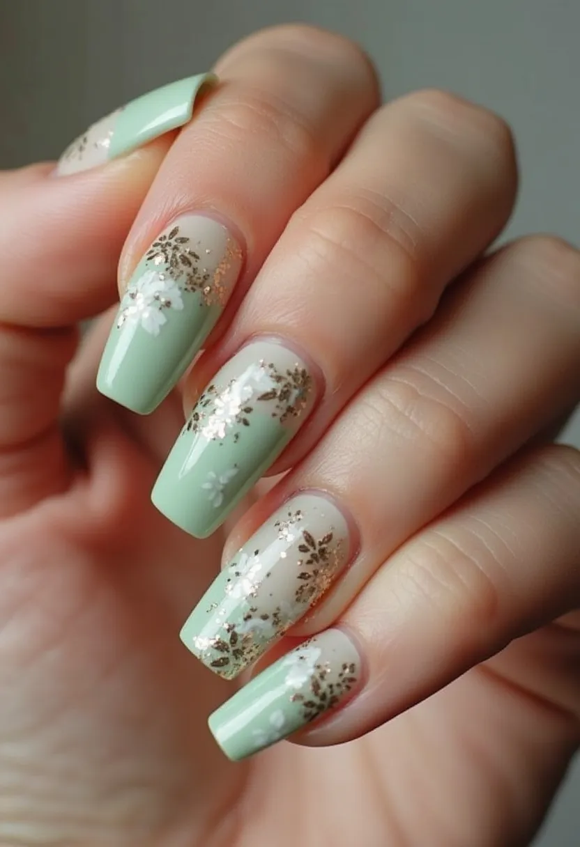 The nail design features a soft, pastel green color palette combined with a clear base. The nails are medium-length and have a square shape with rounded edges. Intricate patterns include delicate floral designs in white and gold glitter, creating a sophisticated and elegant look. The type of nail treatment appears to be gel, given the glossy finish and durability implied. Unique details such as the shimmering gold floral accents add a touch of sparkle, making this design suitable for springtime themes or special occasions such as weddings or garden parties. The overall design is both refreshing and elegant, highlighting a blend of subtle colors with intricate decorative elements.