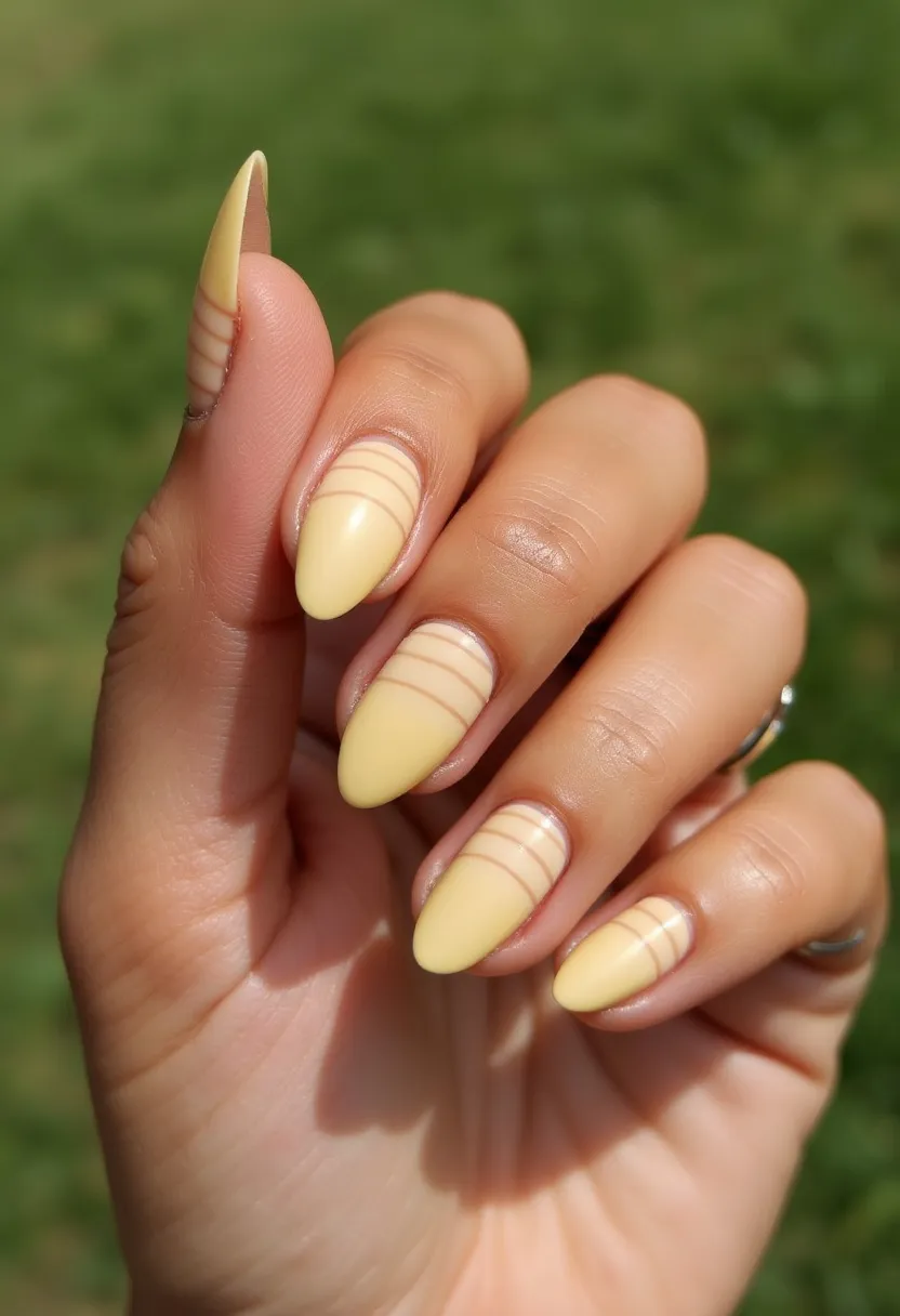 The nail design features a soft, pastel yellow color palette, offering a cheerful and light-hearted vibe. The nails are shaped into an almond form, elongating the fingers and providing a sleek and elegant look. Intricate patterns are created using thin, horizontal lines in a slightly darker shade of yellow, adding visual interest without overwhelming the design. The lines are meticulously placed towards the base of the nails, leaving the tips in solid color for a balanced appearance. The smooth, shiny finish of these nails suggests the use of gel polish, ensuring durability and a high gloss. This design exudes a summery feel, perfect for the warmer seasons due to its bright and lively colors and clean, minimalistic aesthetics.