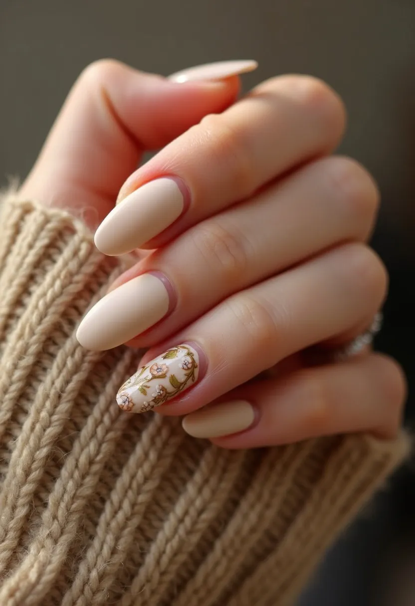 The nail design features a soft, neutral color palette, predominantly in a matte beige shade that exudes elegance and simplicity. The nails are shaped in an almond form, which adds to their graceful and elongated appearance. One accent nail stands out with an intricate floral pattern, showcasing delicate blossoms in white with surrounding green leaves, creating a subtle yet eye-catching contrast to the solid color on the other nails. The design appears to be done using gel treatment, providing a smooth and durable finish. The floral accent suggests a touch of seasonal inspiration, possibly spring, making the overall design suitable for both everyday wear and special occasions, emphasizing a sophisticated and natural aesthetic.