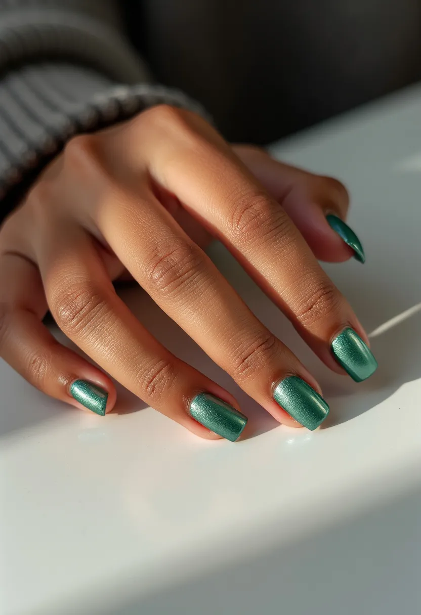 The nail design features a captivating green color palette with a subtle metallic sheen, likely achieved with gel polish for a smooth and glossy finish. The nails are shaped into a soft square form, offering a modern and neat appearance. The green shade has a slightly shimmery texture, adding a touch of elegance without any additional intricate patterns or decorations. This design could be suitable for winter or festive seasons due to its rich and sophisticated hue, making it an ideal choice for special occasions or holiday celebrations.