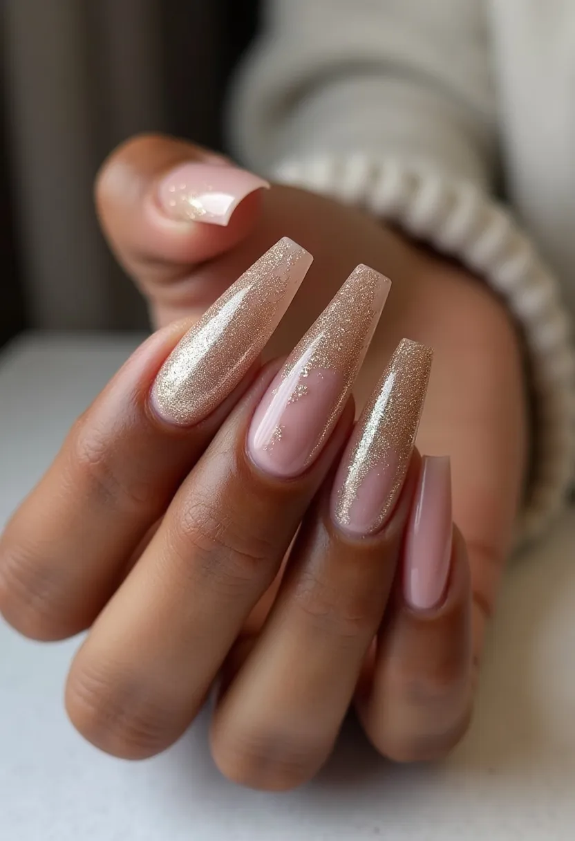 The nail design features a sophisticated and elegant color palette, primarily consisting of a nude pink base enhanced with a gradient of shimmering gold glitter. The nails are shaped in a long, tapered square or coffin style, which adds to their chic and refined appearance. The intricate pattern is achieved through the seamless blend of the nude base transitioning into the gold glitter, creating a luxurious ombré effect. These nails have likely undergone a gel treatment, as indicated by their glossy and smooth finish. This design would be perfectly suited for special occasions such as weddings, parties, or the holiday season, presenting a timeless and glamorous aesthetic.