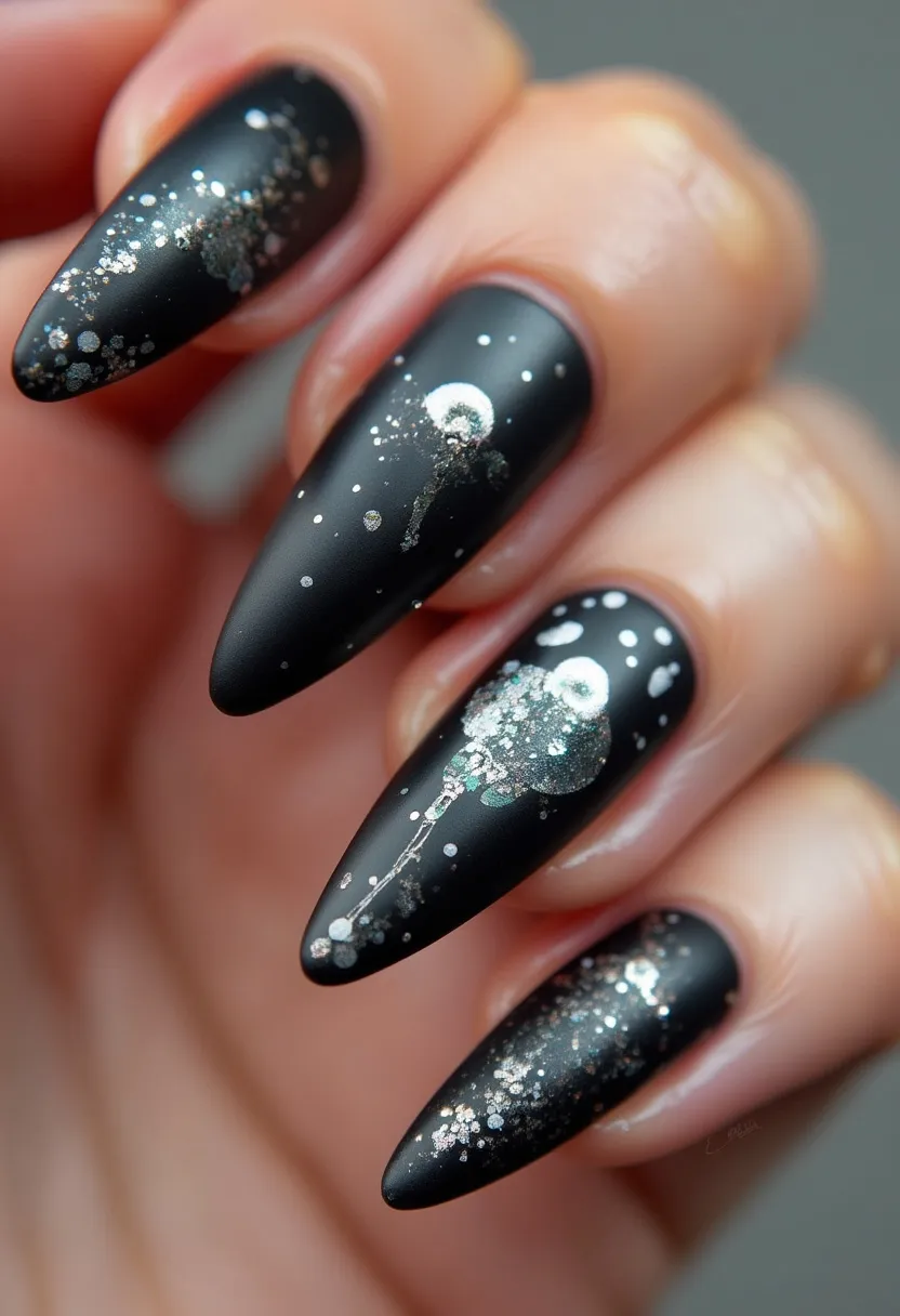 This nail design features a striking and elegant palette dominated by a matte black base color. The nails are shaped into a long, pointed stiletto style, enhancing the dramatic effect of the design. Intricate patterns and decorations are present, primarily using metallic silver and glitter accents that create a celestial or night-sky theme. The decorations include abstract splatters and clusters reminiscent of stars and planets. The type of nail treatment appears to be either gel or acrylic, given the smooth and well-defined finish. This design is sophisticated and bold, suitable for special occasions or adding an artistic touch to a stylish look, potentially aligning with a winter or cosmic theme.