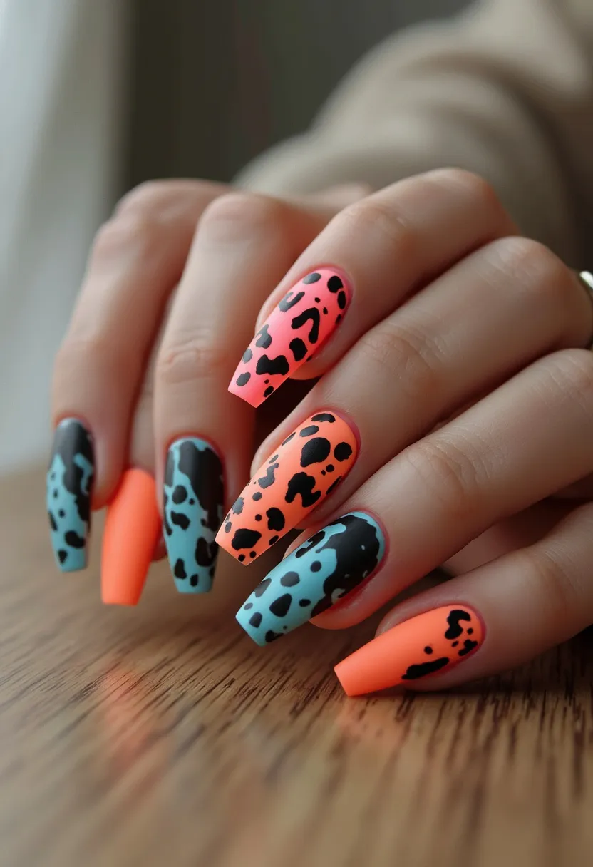 The nail design features a bold color palette of blue, orange, and black. The nails are long and coffin-shaped, providing a stylish and modern look. The design is decorated with black, irregular, leopard-like spots that appear on alternating backgrounds of vivid orange and muted blue. This mix of contrasting colors and animal print patterns add an element of fun and fashion-forward flair to the nails. The treatment used appears to be a gel manicure, offering a smooth and glossy finish. The vivid colors and playful patterns suggest the nails might be suited for a lively, seasonal theme, possibly summer or spring, or for special occasions like parties or festivals.