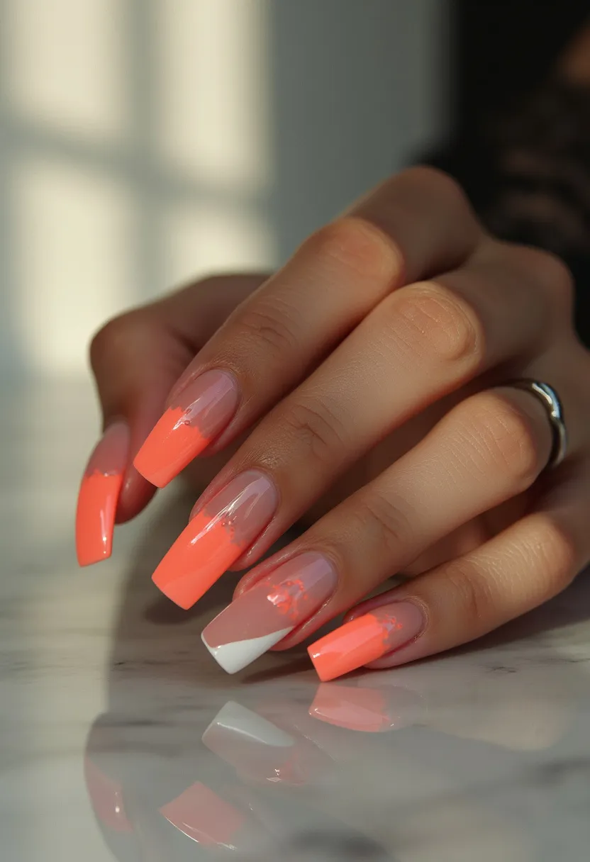 The nail design features a vibrant and balanced color palette predominantly consisting of coral and a subtle nude pink base, with accents of white. The nails are long and shaped into a coffin style, exhibiting a clean, edgy finish. Each nail displays an intricate blend of colors; some nails have coral tips with a smooth gradient blending towards the nude pink base, while others incorporate playful white accents in geometric patterns. The polish appears to be a glossy gel treatment, providing a sleek and durable finish. This design embodies a summery vibe, making it ideal for sunny days and festive occasions, radiating warmth and positivity.