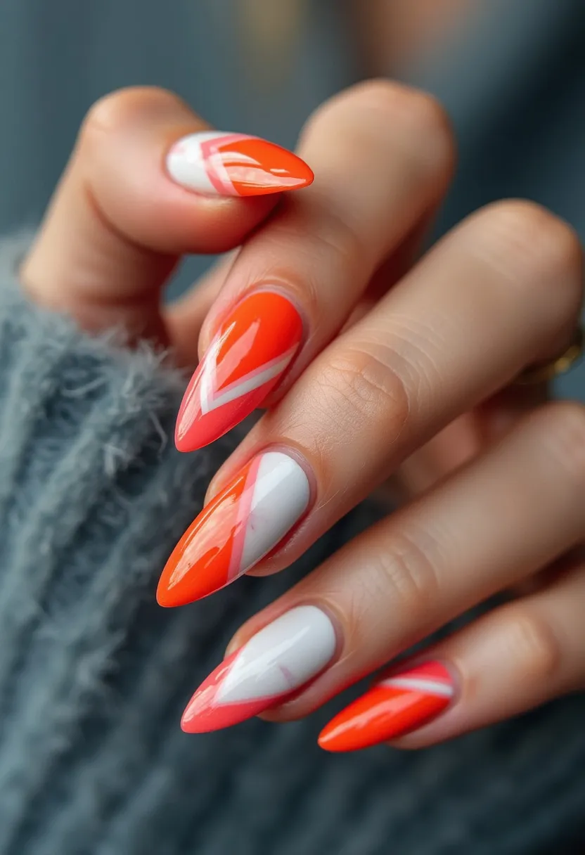 The nail design features a bold and vibrant color palette, predominantly using shades of orange and white. The nails are shaped into a sharp stiletto form, enhancing their dramatic and stylish appearance. The intricate pattern involves a geometric design, where white bases are intersected by sharp orange and pink lines creating a dynamic and visually engaging contrasts. It appears as though a gel treatment has been used, given the high gloss and smooth finish of the nails. The intricate patterns and vibrant colors suggest a design suited for a festive or summer-themed occasion, making a vivid statement.
