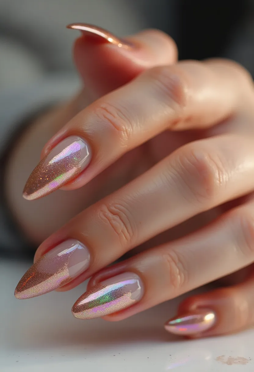 This nail design features an elegant color palette consisting of a light, pearlescent pink base with metallic and holographic accents in shades of gold and various iridescent hues that shift with the light. The nails are shaped into long, pointed stiletto tips, giving them a fierce and striking appearance. Intricate patterns including a subtle glitter gradient and holographic effects add a unique and eye-catching touch. The nail treatment appears to be a mix of gel and holographic powder, ensuring a glossy and long-lasting finish. This design may evoke a celebratory or festive theme, ideal for special occasions or events where a standout nail look is desired.