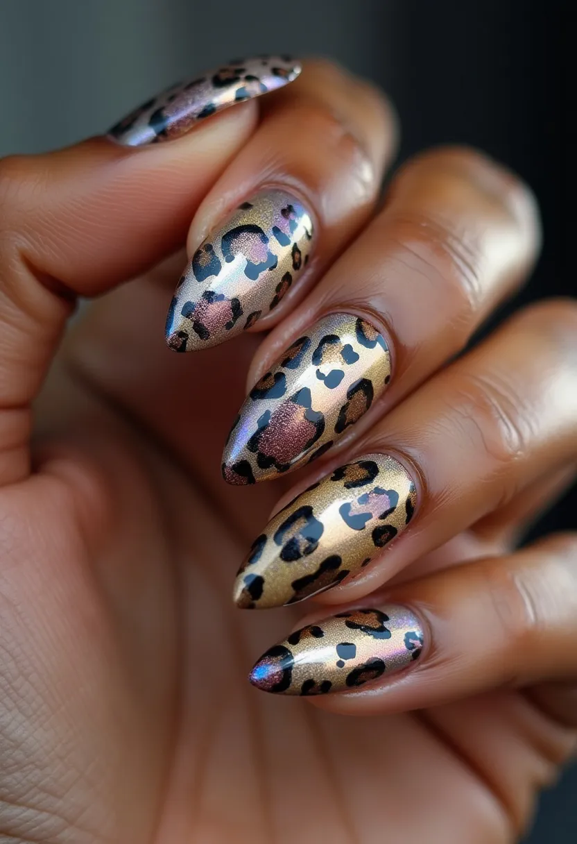 The nail design showcases a sophisticated leopard print pattern, painting a bold statement with a golden base color complemented by black and brown spots. The nails are elegantly shaped into a pointed almond form, which enhances the overall stylish and fierce look. This design is likely achieved using a gel treatment, given the glossy and smooth finish that signifies an enduring application. The unique leopard print adds a touch of wild and adventurous flair, making it suitable for a fashionable fall look or a special occasion that calls for some extra glamour. The intricate detailing and luxury of the golden hue suggest a high-fashion, timeless appeal, perfect for those looking to make a striking impression.