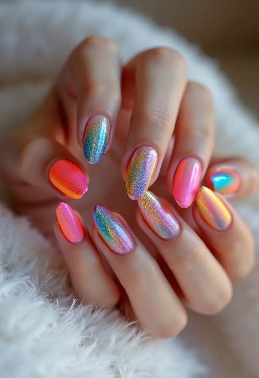 The nail design features almond-shaped nails with a striking holographic color palette, incorporating vibrant shades of pink, orange, blue, and yellow that transition smoothly across each nail. The nails are likely treated with a gel or shellac application, ensuring a glossy and long-lasting finish. The design boasts an iridescent, metallic sheen that gives it a captivating, multi-dimensional appearance, ideal for making a fashion statement. This eye-catching look could be perfect for festive occasions, summery events, or special celebrations, adding an element of fun and brightness to any ensemble.