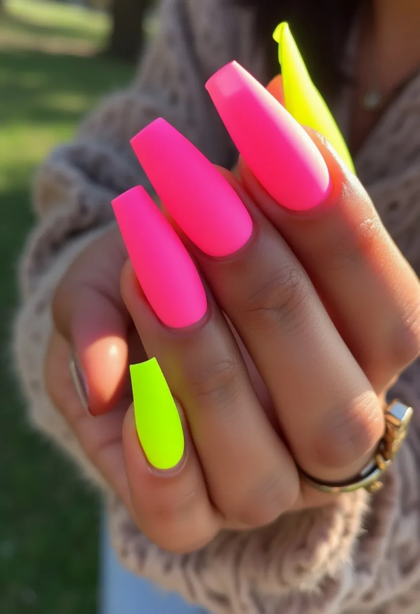 The nail design features a vibrant and summery color palette with neon pink and neon yellow hues. The nails are long and have a coffin shape, providing a bold and edgy appearance. The neon pink color is predominantly seen on most of the nails, while one nail is uniquely painted in a bright neon yellow, adding contrast and visual interest. The smooth and glossy finish suggests the use of gel or shellac treatment, enhancing the brightness and longevity of the colors. There are no intricate patterns or additional decorations, allowing the striking neon colors to take center stage. This design is ideal for summer or festive occasions, reflecting a lively and energetic vibe.