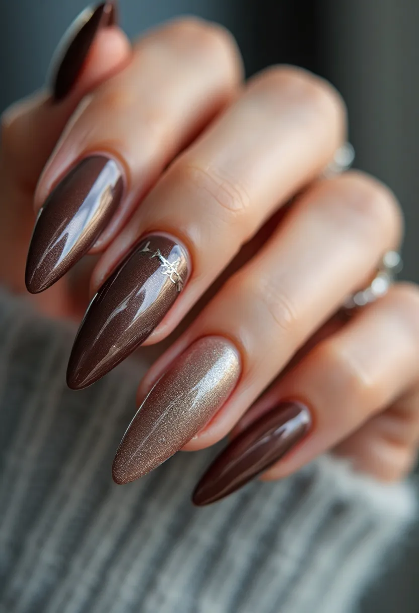 This nail design features a rich color palette, dominated by deep brown tones complemented by a metallic gold accent on one nail. The nails are shaped in an elegant, elongated almond form, offering a sophisticated look. Intricate details include a small, delicate silver star sticker on one of the brown nails, adding a subtle touch of sparkle and interest. The glossy, smooth finish suggests a gel or shellac nail treatment, known for their durability and shine. The overall design has an understated elegance, making it suitable for autumn or winter seasons, or special occasions where a touch of refinement is desired.