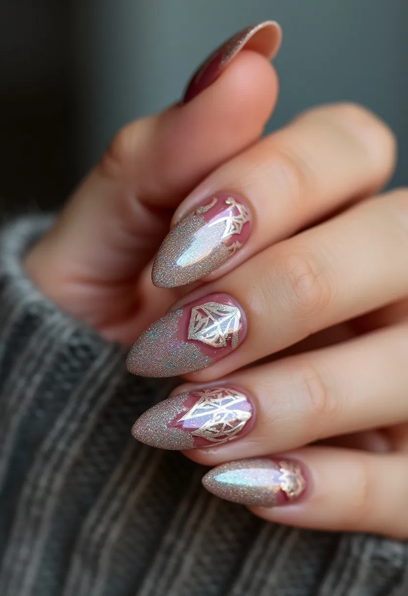 The nail design features an elegant palette comprising muted pink and shimmering silver. The nails are shaped into a sleek almond form, enhancing their graceful and elongated appearance. The primary design element is a silver, glittering gradient that transitions from the cuticle towards the tips, creating a visually appealing ombré effect. Intricate geometric patterns resembling fragmented glass or crystal are delicately etched in a metallic silver hue, adding sophisticated detail to the nail art. This design appears to utilize gel nail treatment, ensuring durability and a glossy finish. The overall aesthetic of the nails suggests they might be suited for festive occasions or a winter-themed event, given the frosty, shimmering elements and intricate detailing.