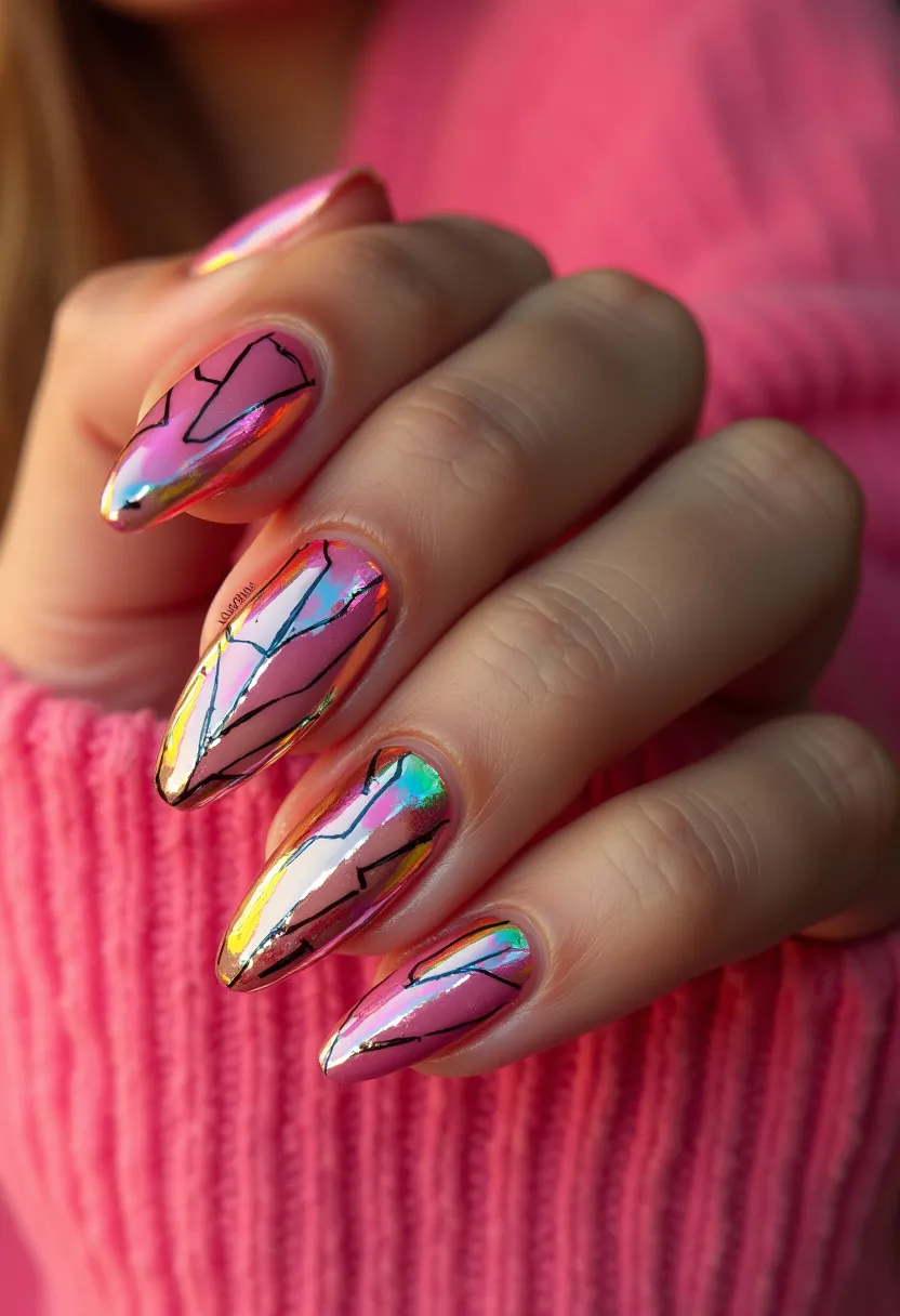 The nail design features a stunning iridescent color palette that shifts between shades of pink, orange, green, and gold, reminiscent of a holographic effect. The nails are long and almond-shaped, offering a sleek and elegant silhouette. Intricate black lines resembling a stained glass pattern add a sophisticated touch, creating a contrast against the vibrant base colors. The high-gloss finish suggests the use of gel polish, which enhances the overall shine and durability of the design. This nail art can be tied to festive or special occasions due to its vibrant and eye-catching nature, making it a perfect accessory for celebratory events.