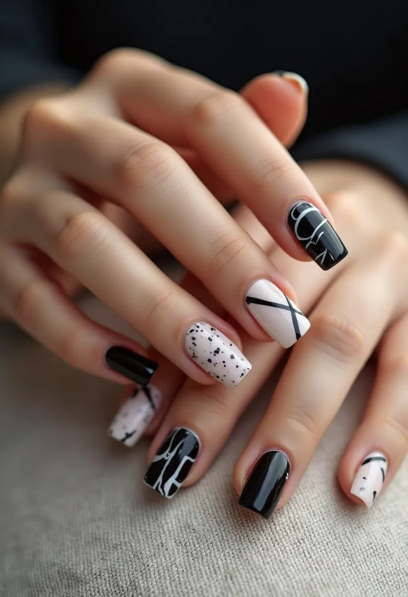 The nail design showcases a sleek and modern monochrome palette featuring black and white shades. The nails are shaped in a refined, square form. Intricate patterns include black nails with white abstract lines, white nails with black splatter effects, and crisscross lines on a white background, adding an artistic flair. These nail designs appear to be achieved using a gel treatment, which provides a glossy, durable finish. Unique details such as the alternating and contrasting patterns create a bold statement, making this design suitable for a contemporary, high-fashion look, possibly ideal for stylish events or modern-themed occasions.