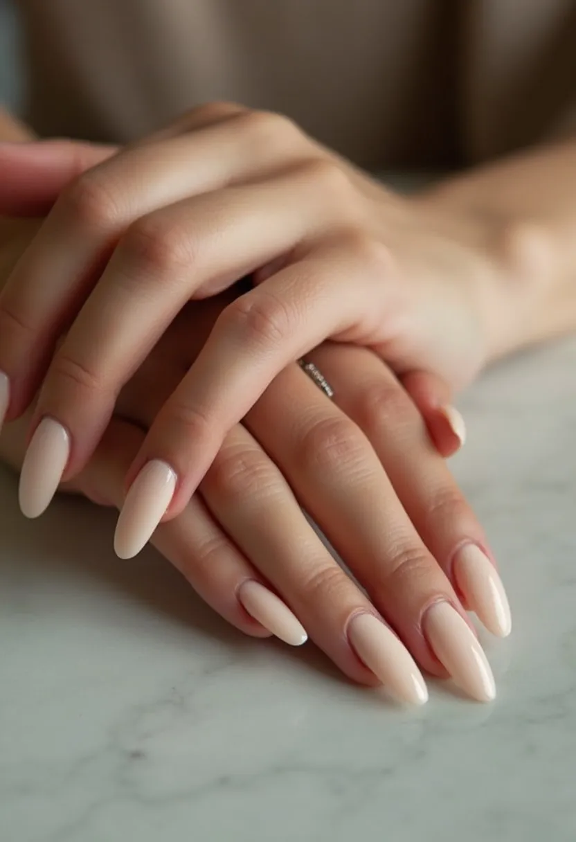 This nail design features almond-shaped nails painted in a soft, nude color palette that exudes elegance and simplicity. The finish appears to be smooth and glossy, indicating a likely gel or shellac treatment that provides durability and a sleek shine. The lack of intricate patterns or decorations suggests a minimalist approach, making the design versatile for various occasions, from everyday wear to formal events. The neutral tone and classic shape of the nails make them appropriate for any season, offering a timeless and chic look.