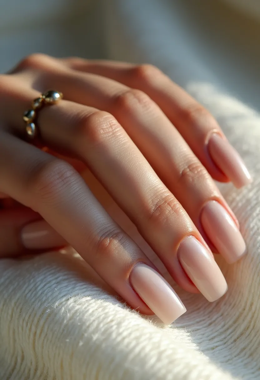 The nail design exemplifies a minimalist yet elegant aesthetic, utilizing a soft, nude color palette that exudes sophistication. The nails are shaped in a medium length with a square tip, delivering a modern and clean look. The use of gel polish is evident through the nails' smooth and glossy finish, enhancing their refined appearance. The design lacks intricate patterns or decorations, emphasizing simplicity and timelessness, making it suitable for everyday wear or special occasions alike. The choice of a nude shade aligns well with a chic and versatile style, seamlessly transitioning through various seasonal themes.