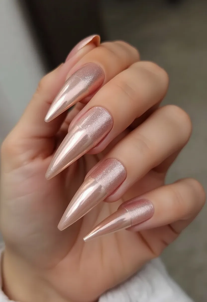 The nail design features a glossy, metallic rose gold palette that exhibits a chic and polished appearance. The nails are styled into a dramatic stiletto shape, adding a bold and edgy element to the overall look. Each nail displays a uniform shimmering effect, possibly created using a gel treatment that enhances the glossy finish and longevity of the design. The metallic sheen of the polish suggests an elegant and festive theme, which is suitable for special occasions or seasonal celebrations, giving the nails a luxurious and sophisticated touch.