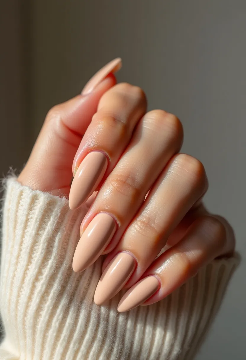 The nail design features a nude color palette, providing an elegant and understated look. The nails are shaped in a long, almond form that enhances the fingers' length and adds a sophisticated touch. The finish appears to be glossy, indicative of either a gel or shellac treatment that provides a durable, high-shine coat. There are no additional patterns or decorations, emphasizing a minimalist aesthetic. This versatile design is suitable for any season or occasion, offering a timeless and chic appearance.