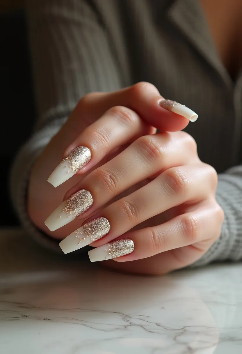 The nail design showcases a sophisticated blend of colors, primarily involving a gradient from a shimmery gold at the base transitioning to a pure white towards the tips. The nails are of a long, coffin shape, providing a sleek and modern appearance. The gold area features intricate glitter details and tiny raised dots that add texture and an element of luxury to the design. This nail art seems to be created using gel or acrylic, characterized by its high-gloss finish and durability. The elegant color combination and subtle sparkle suggest that this design could be well-suited for festive occasions or holiday seasons, imparting a sense of elegance and celebration.