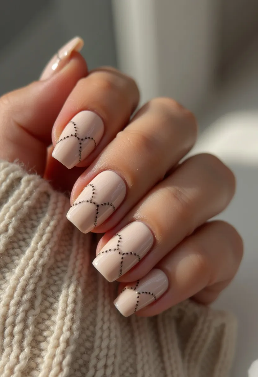 The nail design features a soft, nude color palette and exhibits a square shape for each nail. Delicate and intricate dotted patterns in a crisscross fashion adorn each nail, adding an elegant and sophisticated touch. The nails appear to have a smooth, glossy finish that suggests a gel treatment, ensuring a polished and refined look. The minimalist design with subtle detailing makes this nail art suitable for various occasions, maintaining a stylish yet understated elegance that can complement both casual and formal attire.