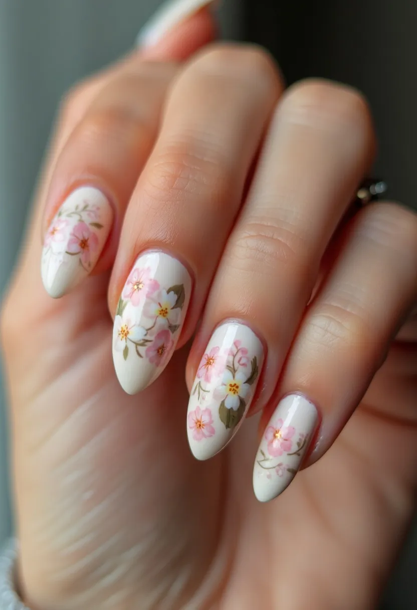 The nail design features an almond shape with a delicate floral theme, suitable for a spring or summer occasion. The base color is a soft, creamy white, providing a neutral backdrop for the intricate floral artwork. Each nail has been adorned with hand-painted flowers in shades of pink and white, accented with green leaves and subtle golden centers, showcasing meticulous detail. The nails appear to have a smooth, glossy finish, indicating a gel polish treatment, ensuring durability and shine. The overall aesthetic is elegant and feminine, with the floral design adding a touch of natural beauty and sophistication.