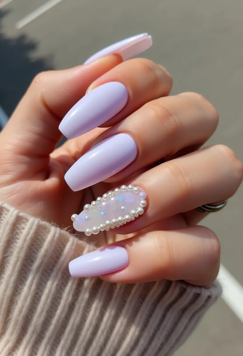 The nail design features a soft pastel lavender color palette, applied using a gel treatment that gives the nails a shiny and smooth finish. The nails are shaped into a medium-length coffin style, providing a chic and modern look. The ring finger stands out with intricate decorations: a delicate, iridescent opal-like base adorned with a border of small, pearl-like beads. This nail also has a speckling of tiny glittering accents within the opal base, enhancing its decorative appeal. This design exudes a sophisticated and romantic vibe, making it suitable for special occasions such as weddings or formal events, and is especially appropriate for spring or early summer.