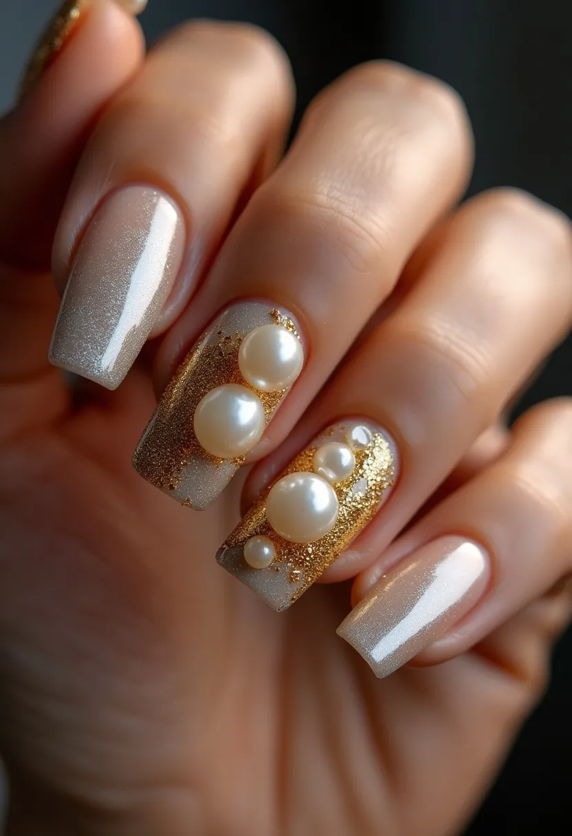 The nail design features a sophisticated and elegant theme, with a muted beige base color that transitions into a shimmery, pearlescent finish, giving the nails a luminous sheen. The nails are adorned with gold glitter accents that add a touch of glamour, creating a luxurious contrast against the base. Exquisitely placed white pearls of varying sizes embellish the nails, enhancing the opulent feel of the design. The nails are long and square-shaped, offering a chic canvas for the intricate decorations. This design likely uses gel for its glossy finish and durability, making it perfect for special occasions like weddings or festive celebrations due to its elegant and timeless appeal.