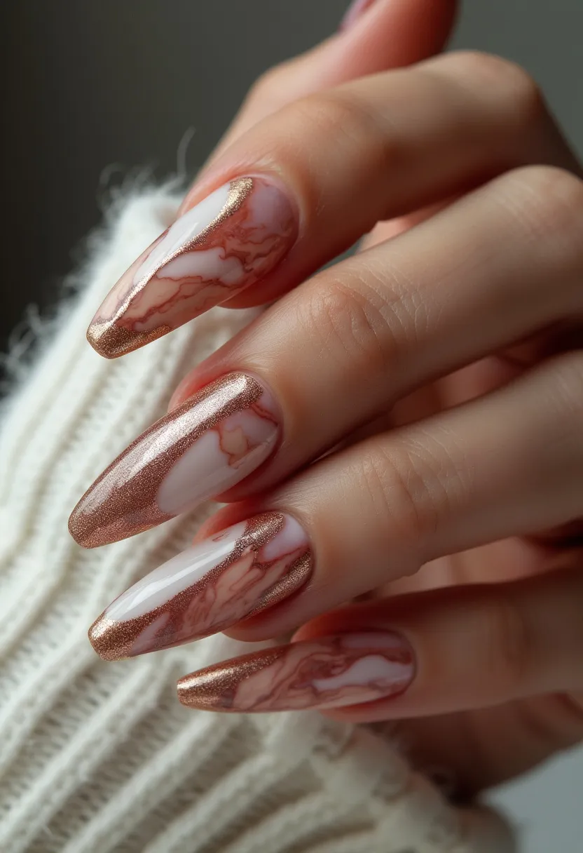 This nail design features a sophisticated almond shape, showcasing a beautiful color palette of rose gold and creamy white. The nails appear to have a marble effect, with intricate swirls of rose gold intertwined with the creamy white base, creating a luxurious and elegant pattern. The tips of the nails are accentuated with a concentrated rose gold coloration, adding a striking contrast and a touch of glamour. This design appears to be achieved with gel treatment, providing a high-gloss finish and durability. The overall aesthetic of this nail art is perfect for festive occasions or special events, such as weddings or holiday celebrations, due to its refined and opulent appearance.