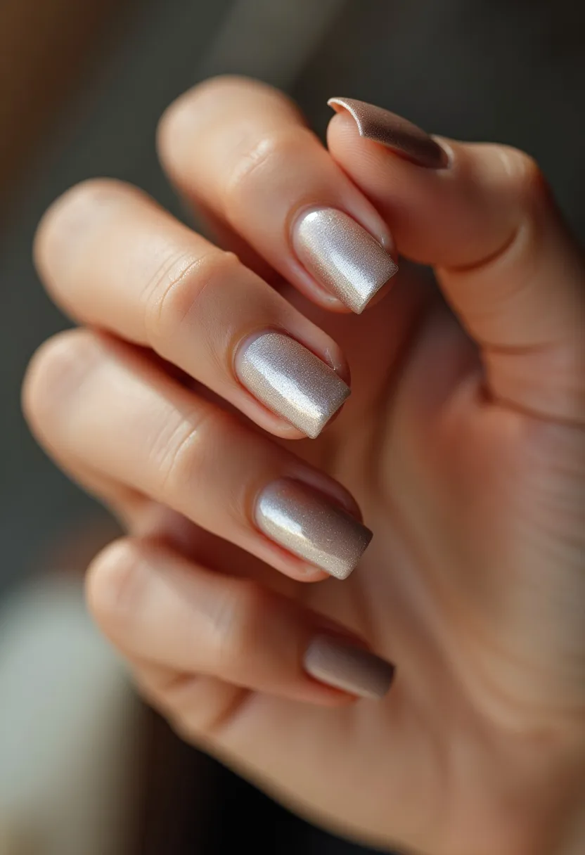 The nail design features a sophisticated and elegant look, characterized by a metallic, pearlescent silver color that adds a touch of glamour. The nails are shaped in a medium-length squared style, providing a neat and modern appearance. This design appears to utilize a gel nail treatment, giving a smooth and glossy finish that enhances the reflective quality of the polish. The metallic sheen of the nails is likely suitable for both everyday wear and special occasions, adding a hint of luxury to any ensemble. There are no additional patterns or decorations, maintaining a clean and minimalist look that can be matched with various styles and seasonal themes.