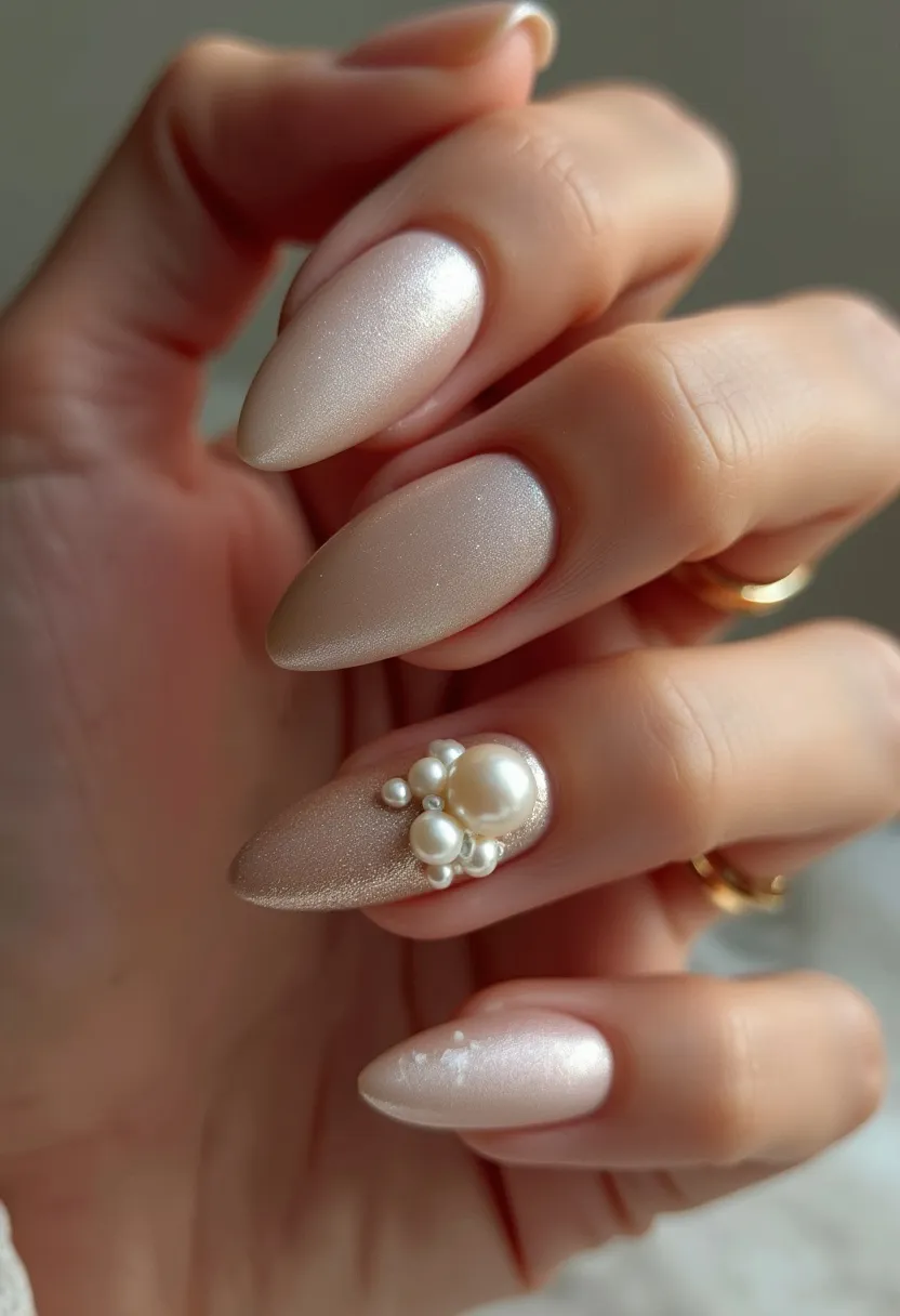 This nail design features an elegant and sophisticated look with a pale, shimmery, pearlescent color palette. The nails are shaped into a stiletto form, which accentuates the length and sharpness of the nails, adding to the overall elegance. The most striking feature is the intricate embellishment on the ring finger, which showcases a cluster of variously sized pearls, creating a luxurious and opulent effect. The texture of the nails suggests a gel treatment, providing a smooth and glossy finish. This design, with its delicate and refined details, would be ideal for a wedding or other formal occasions, imparting a timeless yet contemporary vibe. The overall aesthetic is bespoke and artful, perfect for someone looking to make a refined statement with their nail art.