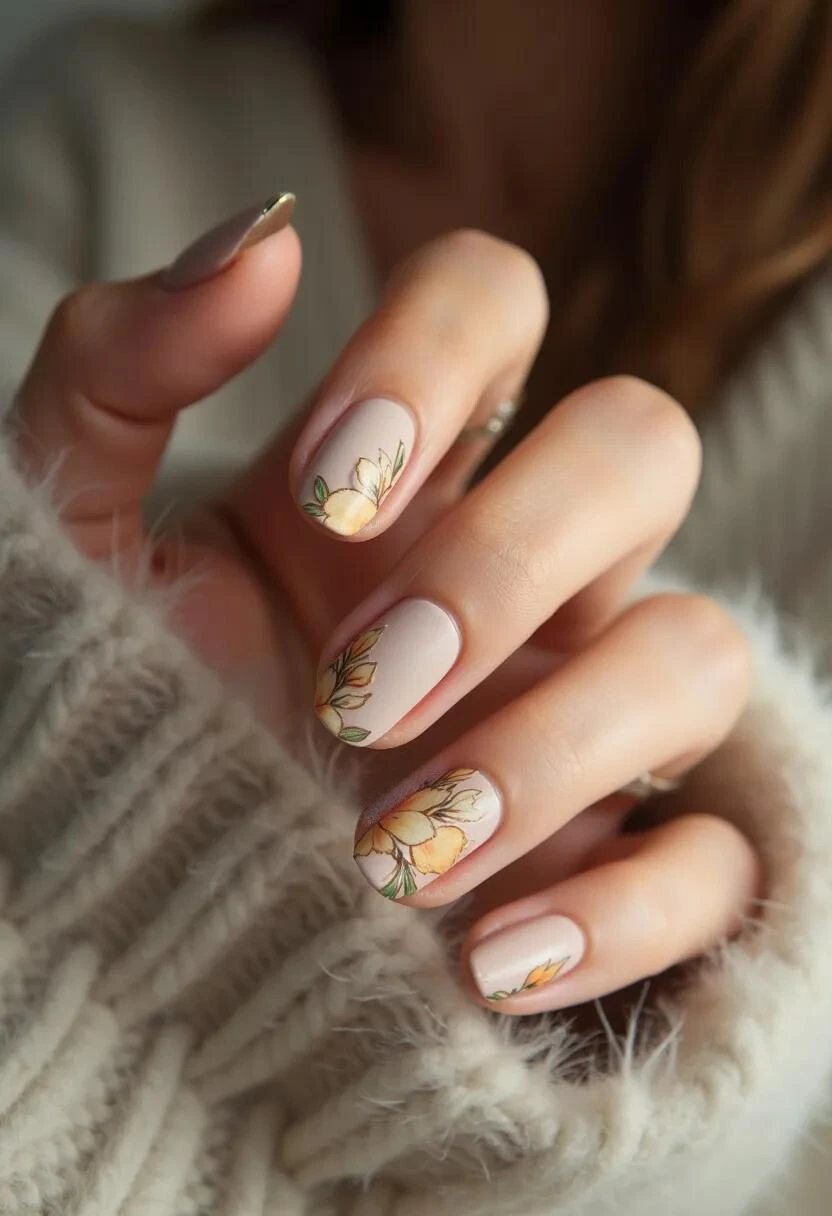 The nail design features a soft and elegant color palette, primarily utilizing a nude or pale pink base color. The nails are short to medium in length with a rounded, slightly oval shape. They are adorned with delicate floral patterns in shades of yellow and orange, accented with green leaves, giving a subtle yet striking contrast. This intricate floral artwork, which appears hand painted, suggests a professional gel or shellac treatment, providing a smooth and glossy finish. The overall design exudes a spring or autumn theme, ideal for a seasonal celebration or a special occasion that calls for a natural, sophisticated look.