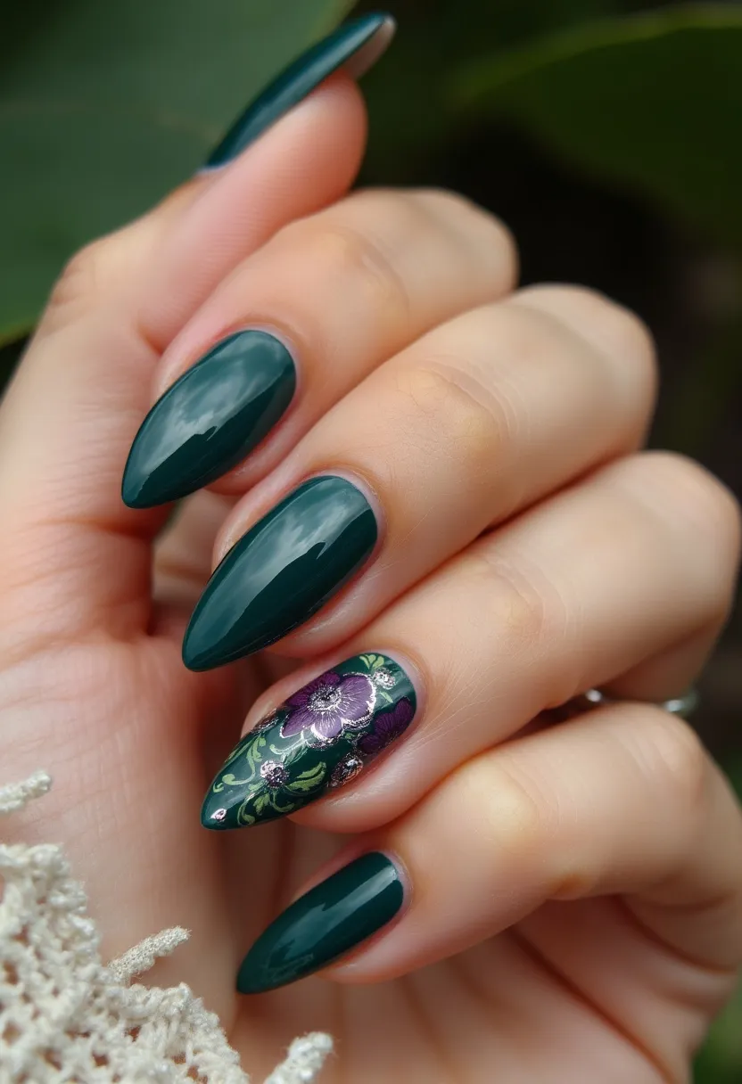 The shown nail design features a rich, dark green color palette on almond-shaped nails. One accent nail showcases intricate floral patterns in shades of purple and silver, with delicate green leaves and a touch of sparkle. The design appears to utilize gel polish, achieving a smooth, glossy finish that enhances the depth of color. This manicure combines elegance with a touch of nature-inspired artistry, making it suitable for special occasions or adding a sophisticated flair to everyday wear. The floral detail evokes a sense of seasonal beauty, perhaps hinting at an autumn or winter theme.