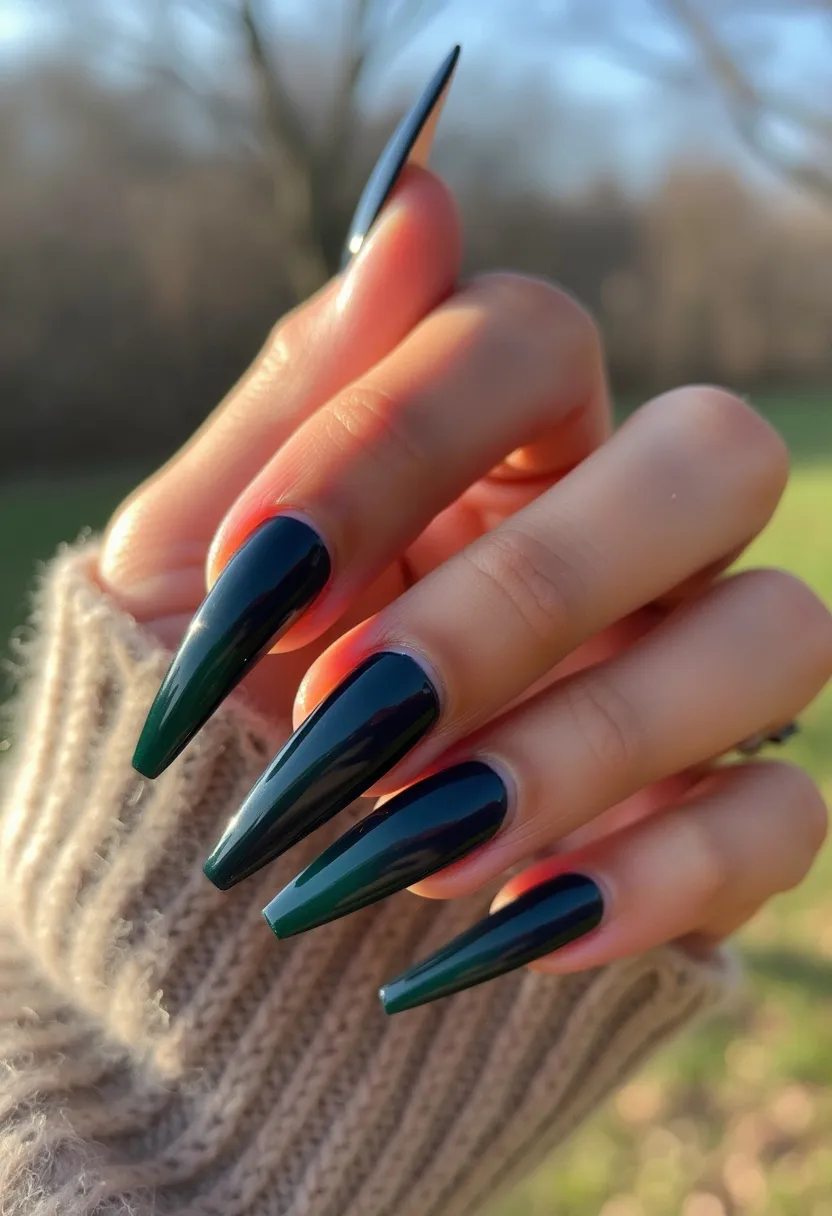 The nail design features a sleek and glossy dark green color palette, exhibiting a deep and elegant hue. The nails are shaped into lengthy stiletto points, adding a dramatic and sophisticated flair to the overall look. The design is uniform without any additional intricate patterns or decorations, keeping the appeal minimalist yet striking. The nails appear to be treated with a gel application, evident from the high-shine finish and smooth texture. This design does not hint towards any specific seasonal theme or special occasion but maintains a timeless and versatile elegance suitable for various events.