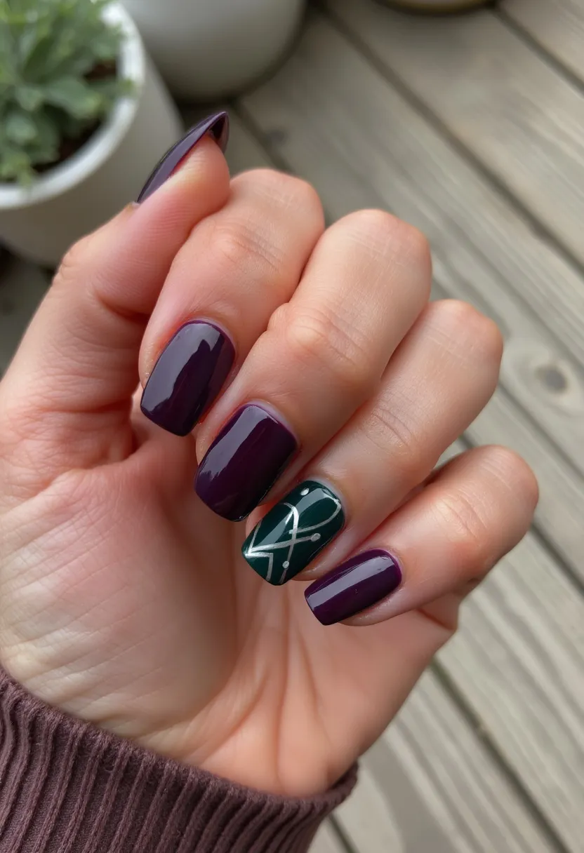 The nail design features a striking color palette primarily of deep, glossy purple and rich green hues, creating a sophisticated look. The nails are shaped in a modern square format, adding to the polished aesthetic. Most nails are painted in a uniform purple, while the accent nail on the ring finger stands out with its green base and intricate silver geometric pattern, intersected with dots for added allure. The shiny finish suggests a gel nail treatment, lending a sleek and durable appearance. This design, with its dark, rich tones and festive detailing, seems perfect for autumn or winter seasons, aligning well with holiday or special event themes.

