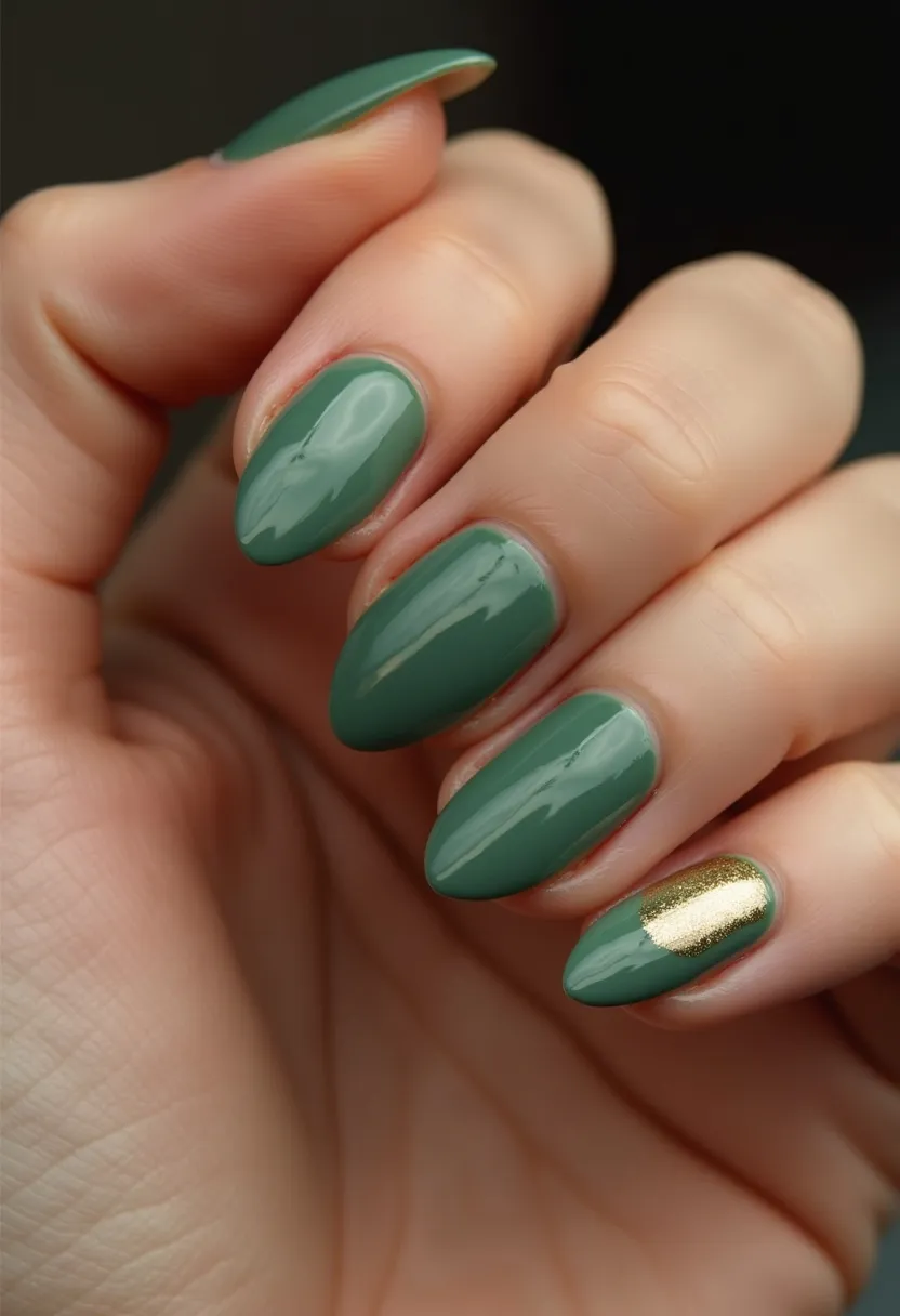 The nail design features a chic and sophisticated look characterized by a forest green color palette. The nails are almond-shaped, providing a feminine and elegant touch. Notably, the ring finger sports a unique accent: a half-and-half design where the top portion of the nail is adorned with a gold, metallic finish, creating a striking contrast against the forest green. This design is likely achieved using gel polish, known for its glossy finish and durability. The gold detail adds a luxurious element, making this design suitable for festive or special occasions, possibly hinting at a seasonal holiday like Christmas or New Year's Eve due to the combination of green and gold.