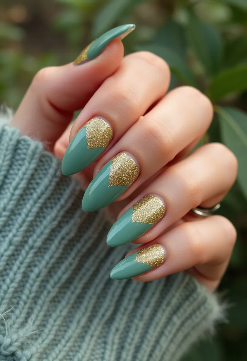 The nail design features an elegant and modern combination of soft sage green and shimmering gold colors, perfectly suited for a fall or winter season. The nails are almond-shaped, providing a sophisticated and elongated look to the fingers. Each nail is painted with a sage green base, and a striking gold glitter accent is applied near the cuticle area, forming a geometric chevron pattern that adds a touch of glamour and contrast. This intricate design is likely achieved using a gel nail treatment, which provides a long-lasting and glossy finish. The glitter accents catch the light beautifully, making this design ideal for festive occasions or holiday celebrations, while still being subtle enough for everyday wear.