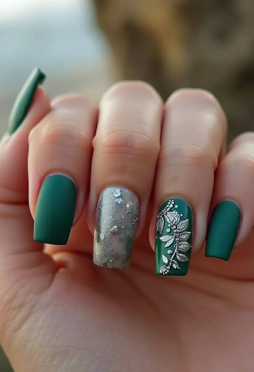 The nail design presented features a sophisticated color palette dominated by matte dark green and silver tones. The nails are shaped in a consistent, well-groomed square style, with two of them showcasing distinctive designs. The middle nail is adorned with a shimmery silver base that incorporates a gradient effect, creating an elegant and festive appearance. The ring finger stands out with a delicate, intricate silver floral pattern over the matte green background, adding a touch of complexity and elegance. The remaining nails display a solid matte dark green color, completing the cohesive look. The use of gel treatment likely contributes to the polished and durable finish of the design. Given the dark green and silver color scheme, this design could be ideal for a winter season or a special occasion such as a holiday party or a formal event.