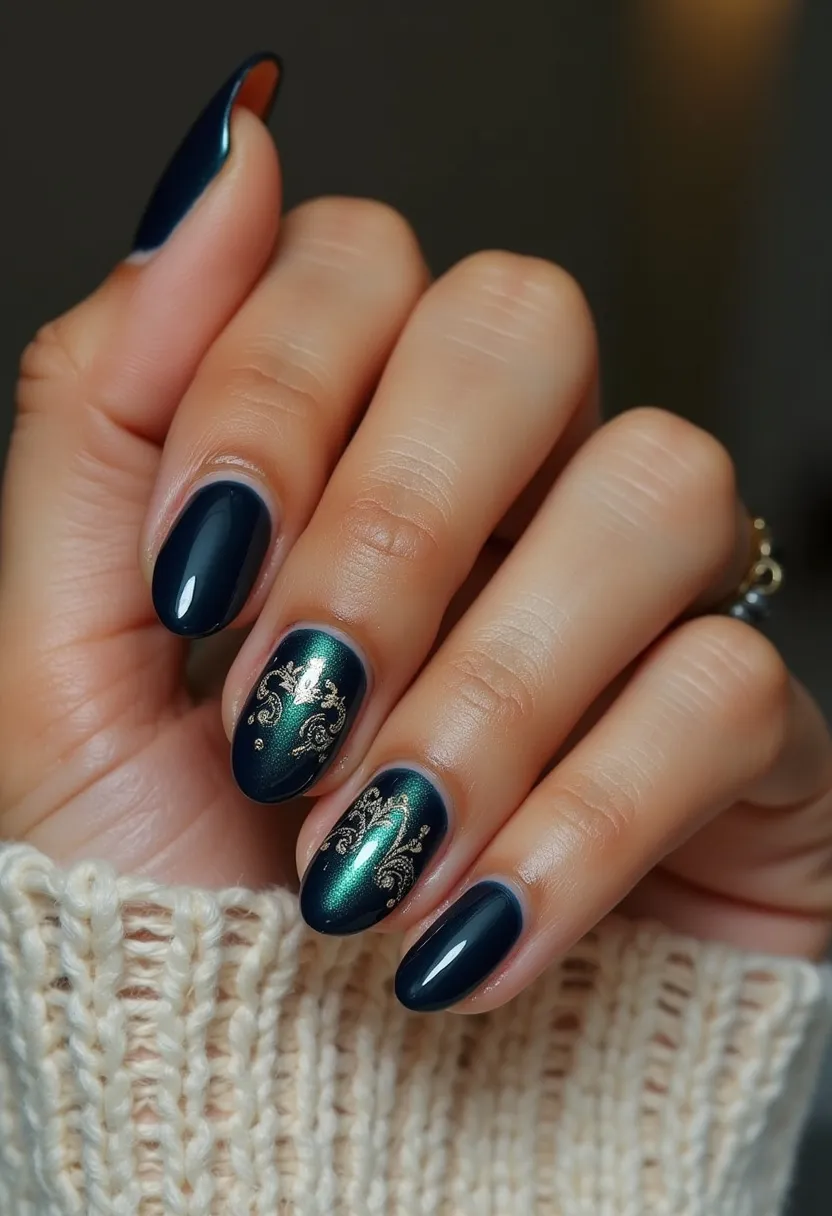 The nail design features a color palette dominated by dark, deep blue and a shimmering greenish-blue accent. The nails are shaped in an oval or almond style, providing an elegant look. Intricate patterns adorn the two accent nails, showcasing a delicate, ornamental design in gold, adding a touch of sophistication and refinement. The overall finish suggests a glossy appearance, likely achieved through a gel treatment, ensuring durability and sheen. The design elements and color choices suggest a versatile theme, suitable for elegant occasions or festive winter settings.