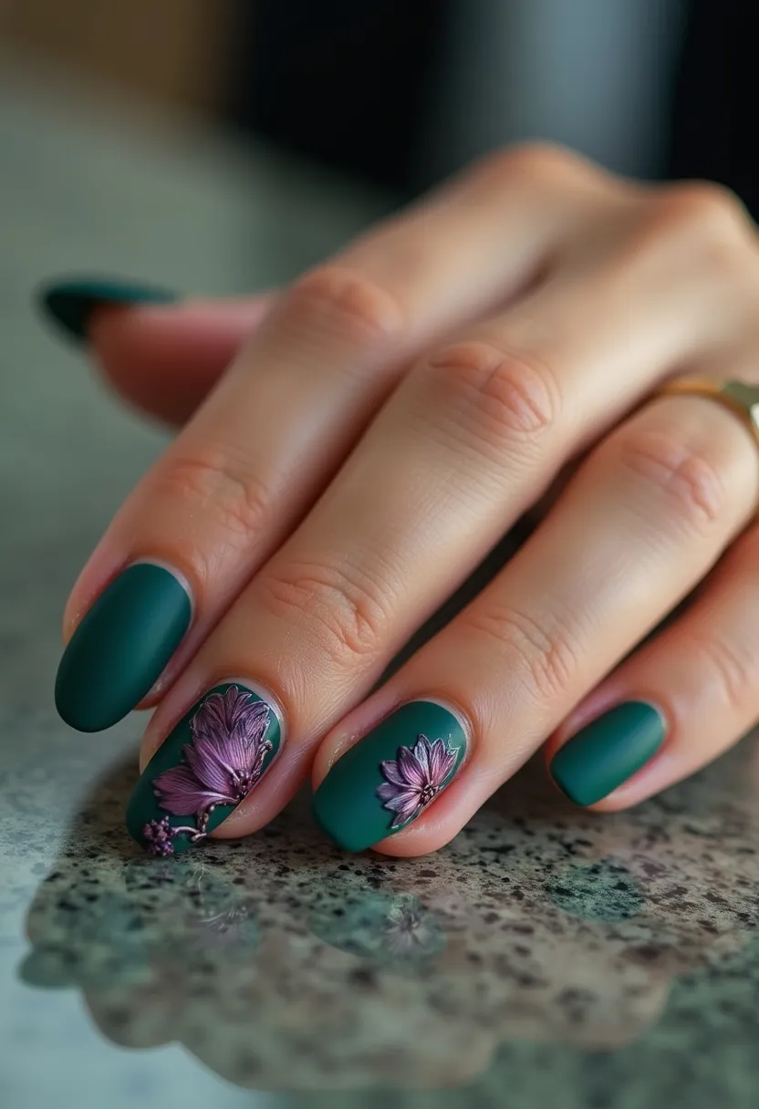 The nail design features an elegant dark green matte base color that adorns all the nails. The nails have a medium length with a rounded square shape, providing a stylish yet practical appearance. On the ring and middle fingers, there are intricate floral decorations with beautifully detailed purple and pink flowers, adding a delicate and artistic touch to the overall design. The treatment used appears to be gel-based, as indicated by the smooth and flawless finish. This design is suitable for various occasions and can add sophistication to any look, particularly fitting for autumn or winter seasons due to its rich and deep color palette.