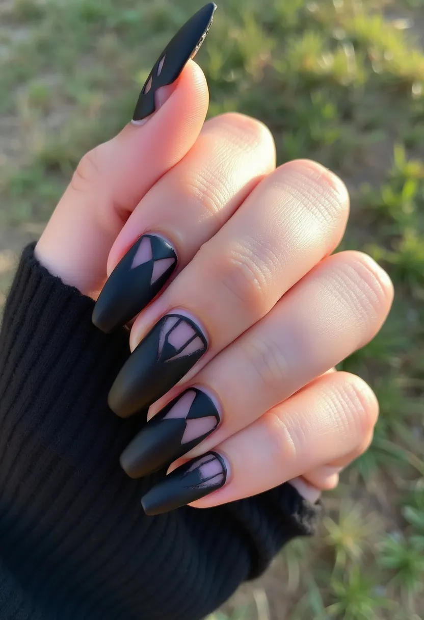 The nail design features a matte black color palette with a sophisticated geometric pattern accentuating a cut-out design. The nails are shaped into a sleek almond form, providing an elegant and elongated appearance. Each nail showcases intricate triangular and diamond cut-out sections revealing the natural nail underneath, adding a modern and edgy touch to the matte black finish. It appears that a gel or acrylic treatment has been used to achieve this polished, long-lasting look. The design exhibits a unique and fashionable appeal suitable for the autumn or winter season, or for special occasions requiring an avant-garde and chic style.