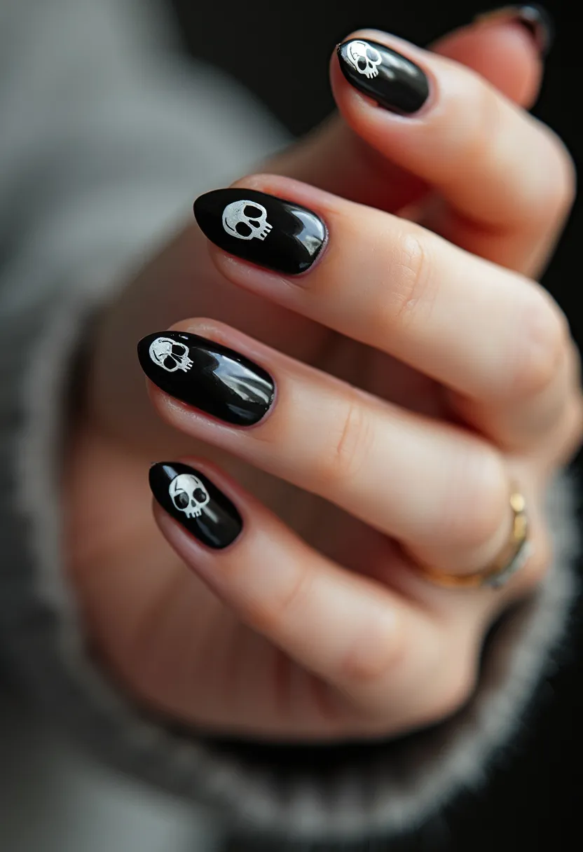 The nails feature a sleek, oval or almond shape and exhibit a striking black color palette, perfect for a dramatic look. Each nail is adorned with intricate white skull patterns, creating a bold contrast against the dark base. The high-gloss finish suggests a gel or shellac treatment, offering a shiny and durable appearance. This nail design is likely themed for Halloween or a similarly spooky occasion, especially given the skull motifs, which add a playful yet edgy touch to the overall look. The meticulous detailing and seasonal theme make this a standout manicure for festive events.