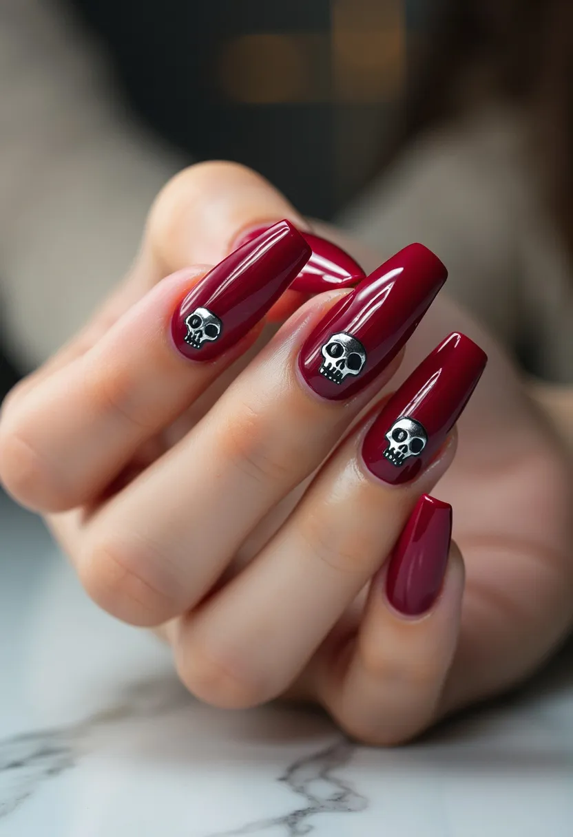 The nail design features a striking deep red color palette that creates a bold and elegant look. The nails are shaped into a long and sleek coffin shape, providing a sophisticated canvas for added decorations. The design is enhanced with intricate skull patterns placed on the middle and ring fingernails, adding a touch of edginess and character. This nail art appears to be achieved through a glossy gel treatment, giving the nails a high-shine and durable finish. The use of skull decorations suggests a seasonal theme, possibly catering to Halloween or another spooky event, adding a fun and thematic element to the design.