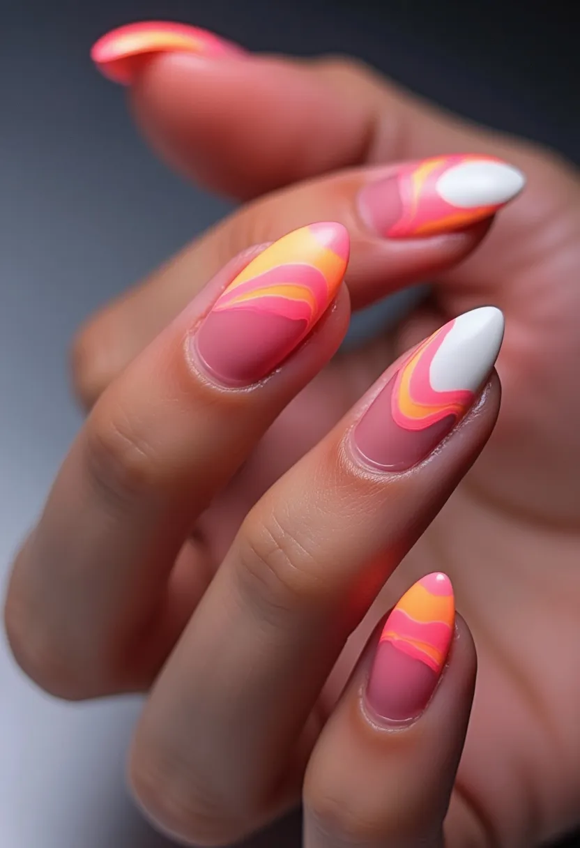 The nail design features a vibrant and eye-catching color palette, with shades including bright pink, orange, yellow, and white. The nails are almond-shaped, which adds a sophisticated and elegant touch to the overall look. Intricate patterns adorn the nails, with some showcasing a smooth gradient or marbled effect, transitioning seamlessly between the pink, orange, and yellow hues, while others have bold, clean swathes of white. This suggests that the nails might have undergone a gel or acrylic treatment to achieve such precision and durability. The design exudes a summery, beach-inspired theme with its warm and lively colors, making it ideal for seasonal summer events or a tropical vacation.