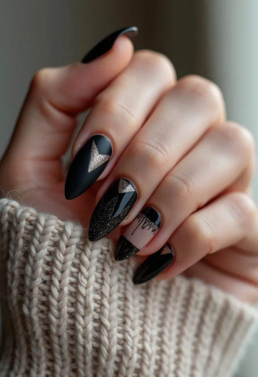 The nail design features a modern and edgy style, utilizing a rich, matte black base color. The nails are shaped in an almond form, offering a sleek and feminine silhouette. Two accent nails on each hand exhibit intricate patterns: one with a geometric gold glitter triangle and another with a half-black, half-nude base adorned with fine black brush strokes resembling abstract art. Glitter details are present on a few nails, adding a touch of glamour to the overall look. The design likely employs gel treatment, ensuring a glossy, long-lasting finish. The predominantly dark color palette and the incorporation of gold accents suggest a design catered for the autumn or winter season, making it ideal for festive occasions or elegant evening events.