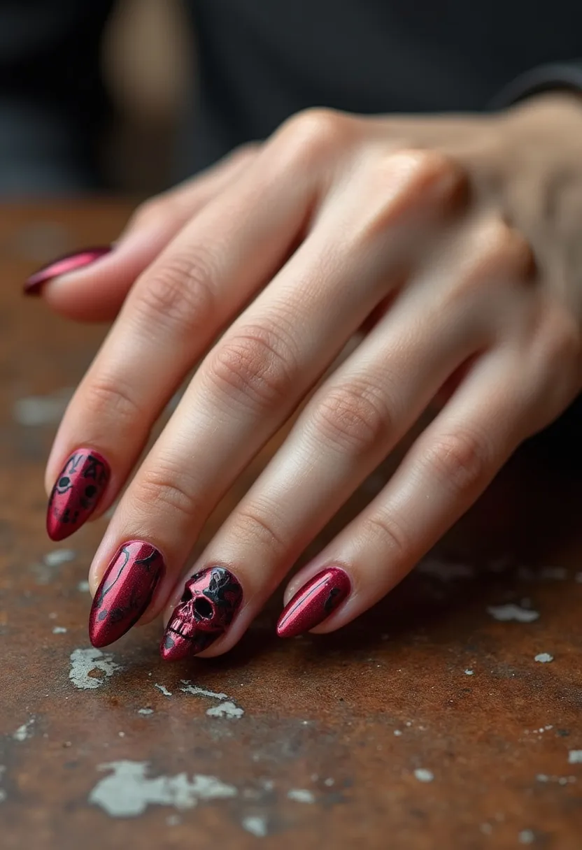 The nail design features a striking color palette dominated by a metallic red, exuding boldness and vibrancy. The nails are almond-shaped, adding a touch of elegance to the overall look. Intricate black patterns adorn several nails, with some nails showcasing skull motifs, creating a dramatic and edgy visual appeal. Judging by the high gloss and durability evident in the image, the nails appear to be treated with gel polish. This nail design carries a spooky, perhaps Halloween-inspired theme, perfect for those looking to embrace a dramatic and gothic aesthetic for a special occasion or seasonal celebration.