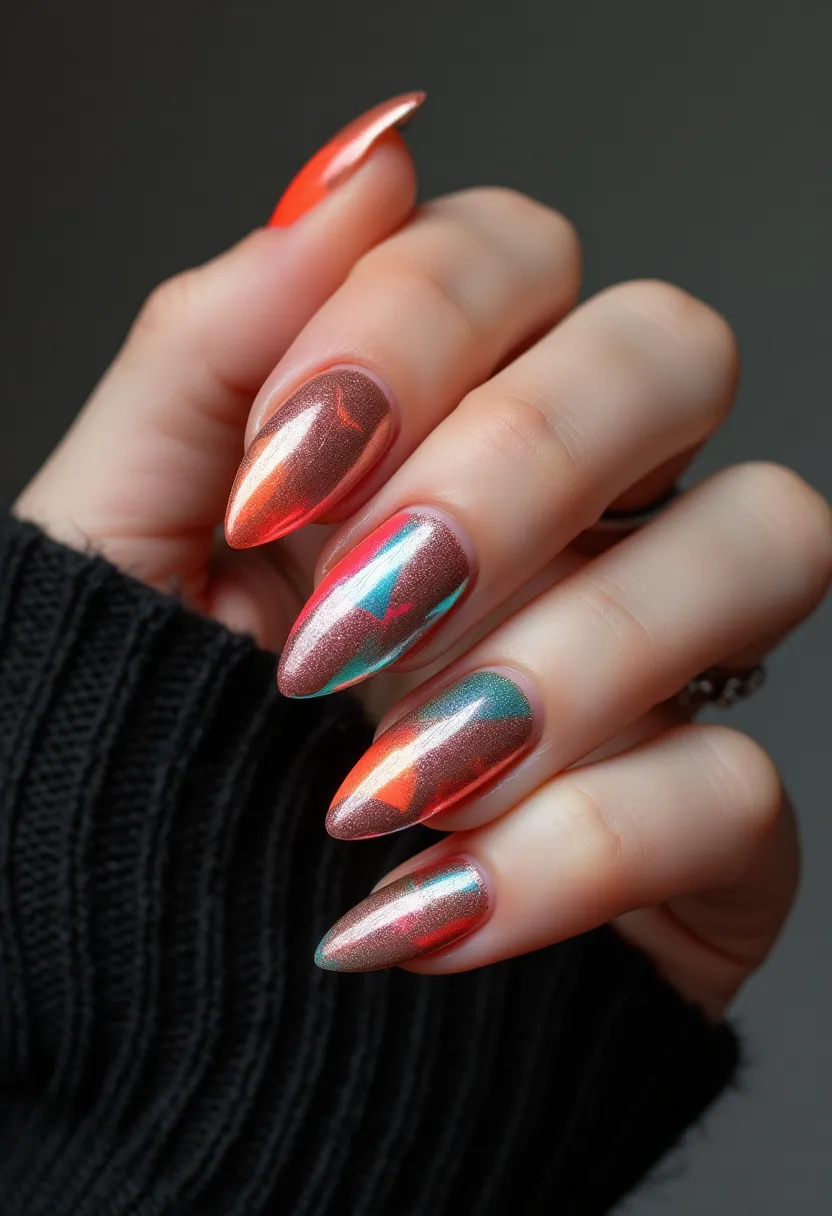 The nail design showcases a visually appealing palette featuring shimmering tones in metallic shades of orange, red, and teal. The nails are shaped into an elegant almond form, creating a sophisticated and elongated look. The intricate pattern includes a glossy, prismatic effect that gives the nails a multidimensional shine, likely achieved through a gel or shellac treatment which provides a durable and high-gloss finish. Unique details include the use of color-shift elements that create a dynamic interplay of hues depending on the lighting, making the design suitable for festive or special seasonal occasions such as autumn or holiday events.