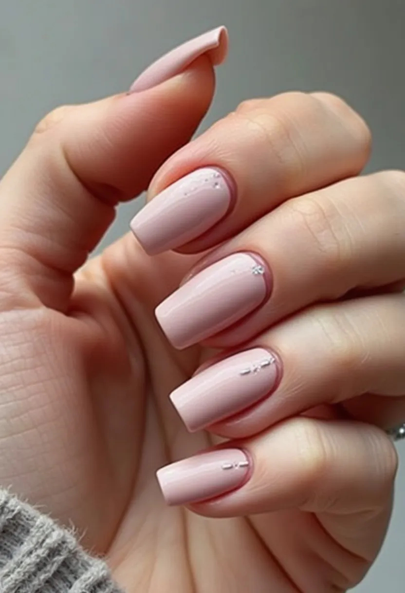 The nail design features a soft, pale pink color palette, providing an elegant and understated look. The nails are shaped in a square style, with clean, sharp edges that complement the subtle and refined color. A minimalist approach to decoration is taken, with small, delicate silver accents on each nail, adding a touch of sophistication without overpowering the simplicity of the design. The smooth and glossy finish suggests a gel treatment, enhancing the durability and shine of the nails. This design is versatile and suitable for many occasions, offering a timeless style that's perfect for both everyday wear and special events.