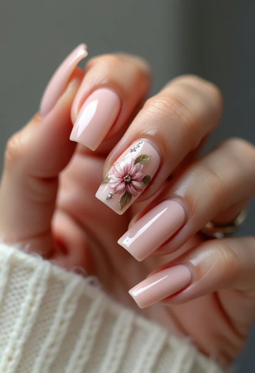 The nail design features coffin-shaped nails with a soft, pale pink color palette. One nail is decorated with an intricate floral pattern, showcasing a detailed flower with pink petals and green leaves, augmented with small metallic embellishments that add a touch of sparkle. The nails have a glossy finish, suggesting the use of gel polish treatment, which gives them a sleek and polished appearance. The floral accent and the subtle, elegant color make this design suitable for spring or summer and could also be fitting for a wedding or a similar special occasion.