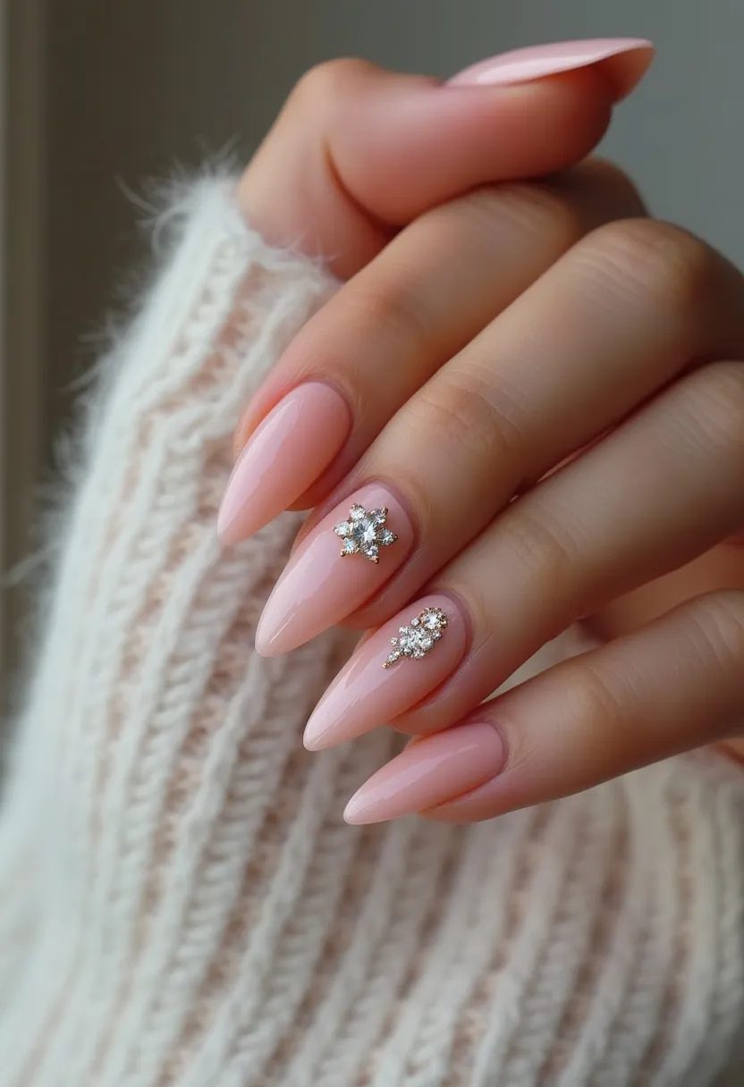 The nail design features an elegant almond shape with a glossy, pale pink base color, reflecting a gel polish treatment for a sophisticated shine. Two accent nails showcase intricate decorations with embellishments organized in floral and intricate cluster patterns using small, clear rhinestones, adding a touch of sparkle and luxury. The overall look is delicate and refined, making it suitable for special occasions such as weddings or festive events, particularly during the winter season, evident from the subtle snowflake-like patterns.