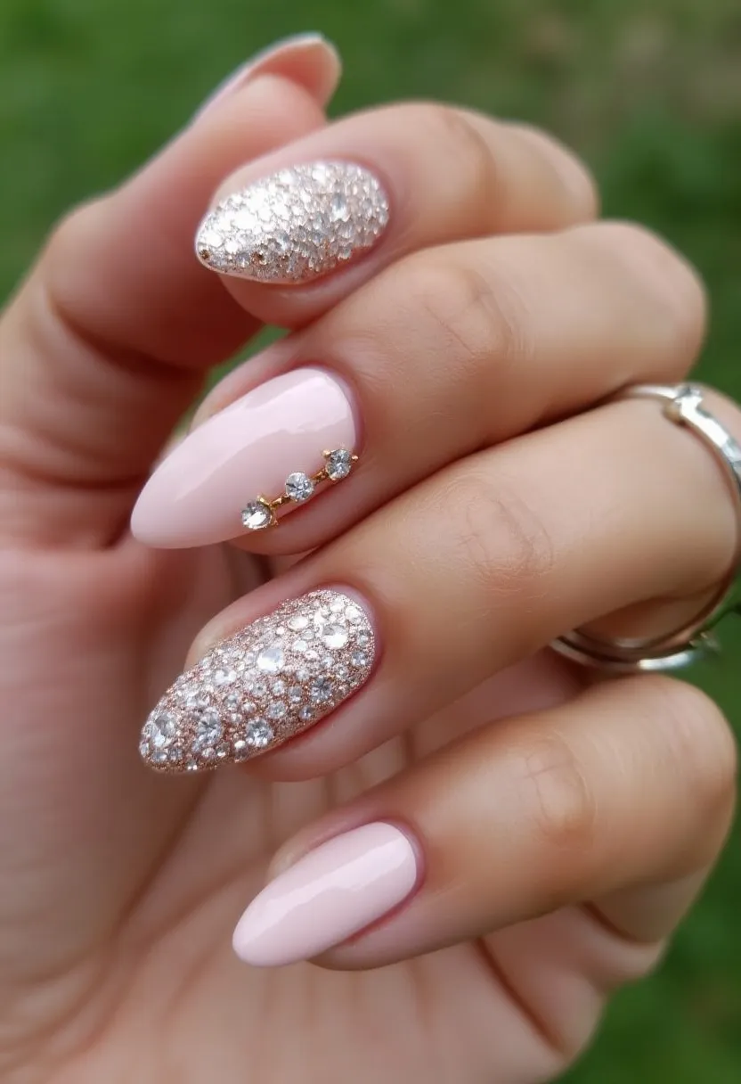 The nail design showcases an elegant and sophisticated look, perfect for special occasions. The nails are almond-shaped, featuring a combination of soft pink polish and intricately adorned accents. The palette primarily includes a delicate blush pink and glittering rose gold. The detailing includes sparkling rhinestones that embellish two of the nails, one of which is encrusted fully with glitter and larger gems, creating a textured, 3D effect. The pink nails have a glossy finish, indicating a possible gel or shellac treatment. This design exudes a luxurious feel, making it an excellent choice for weddings, evening events or festive seasons.